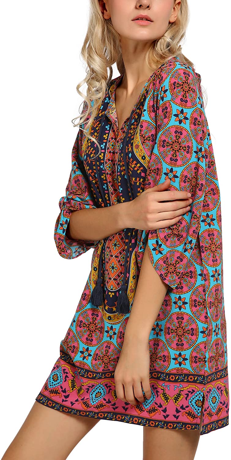 Women Bohemian Neck Tie Vintage Printed Ethnic Style Summer Shift Dress