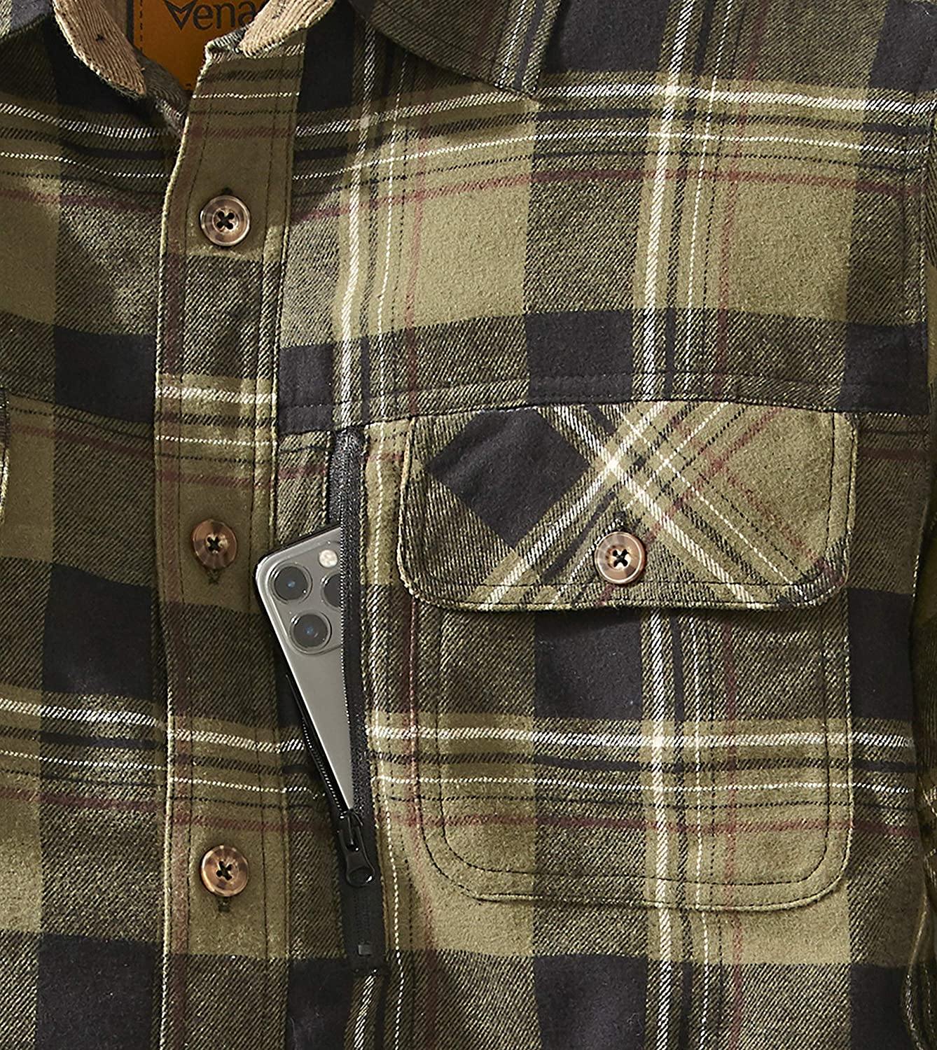 Venado Men's Plaid Shirt Jacket -Long Sleeved Quilt Lined Brushed Flannel Rugged Shirt