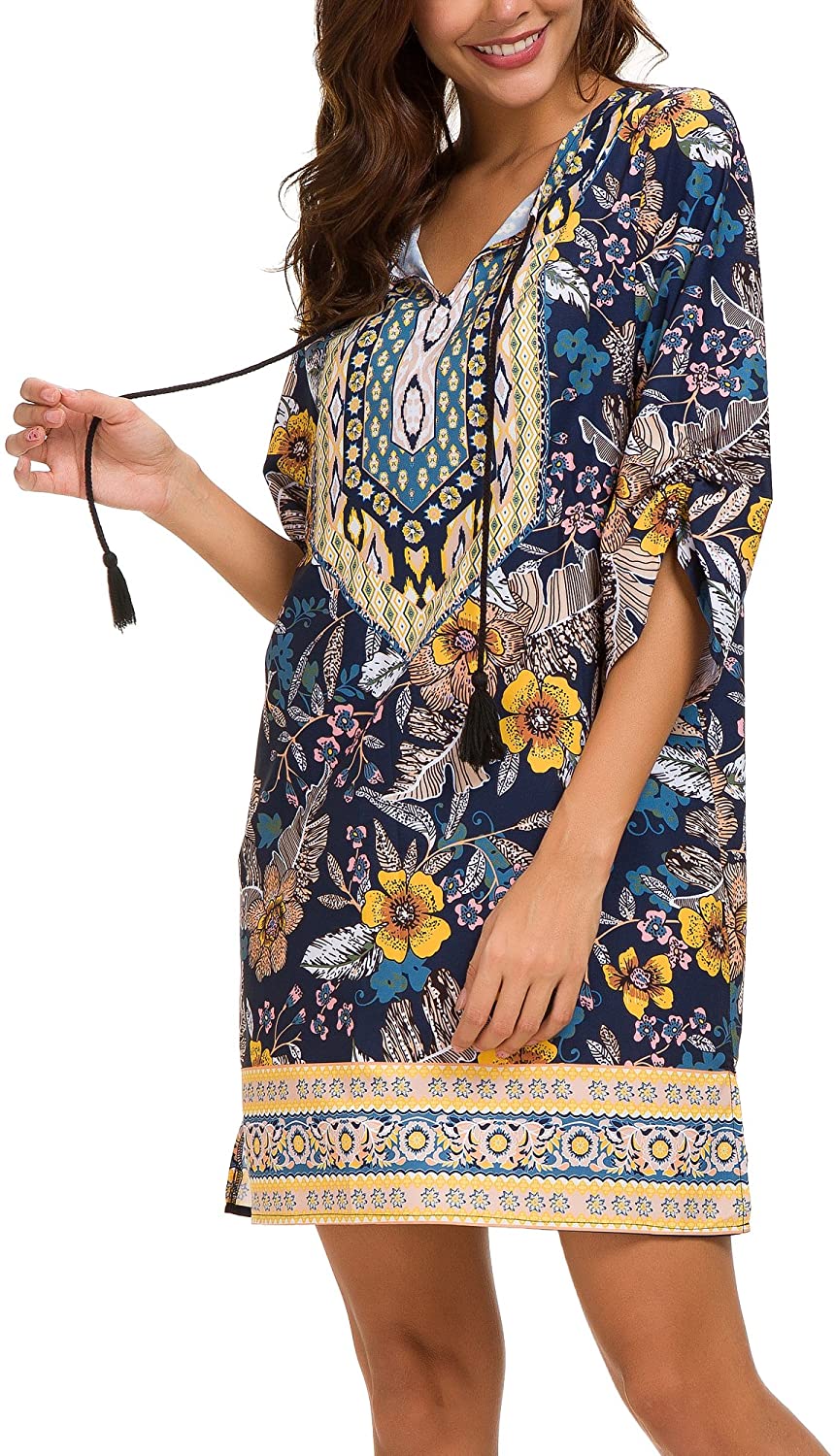 Women Bohemian Neck Tie Vintage Printed Ethnic Style Summer Shift Dress