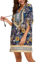 
                        
                          Load image into Gallery viewer, Women Bohemian Neck Tie Vintage Printed Ethnic Style Summer Shift Dress
                        
                      