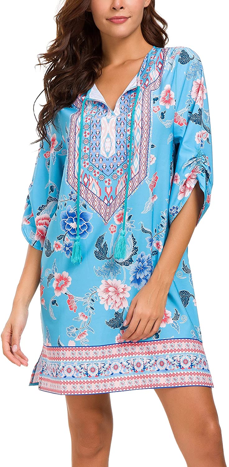 Women Bohemian Neck Tie Vintage Printed Ethnic Style Summer Shift Dress