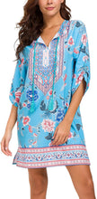 
                        
                          Load image into Gallery viewer, Women Bohemian Neck Tie Vintage Printed Ethnic Style Summer Shift Dress
                        
                      