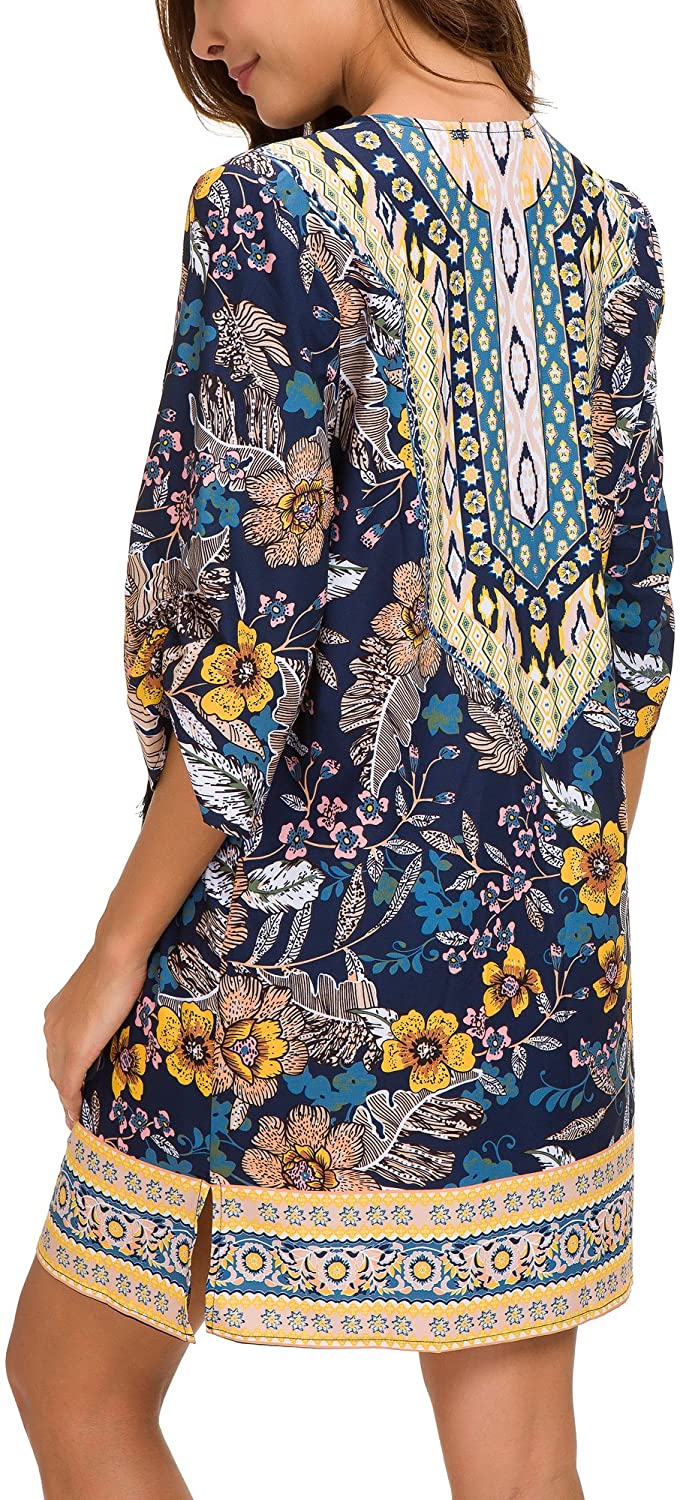 Women Bohemian Neck Tie Vintage Printed Ethnic Style Summer Shift Dress