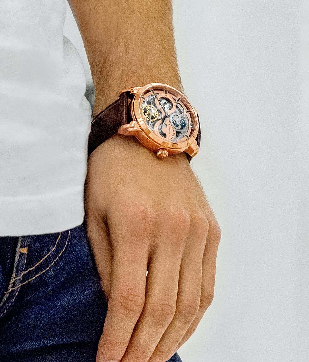 Stührling Original Mens Watch Stainless Steel Automatic, Skeleton Dial, Dual Time, AM/PM Sun Moon,Genuine Leather Strap 371 Watches for Men Series
