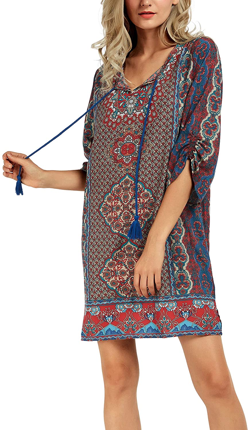 Women Bohemian Neck Tie Vintage Printed Ethnic Style Summer Shift Dress