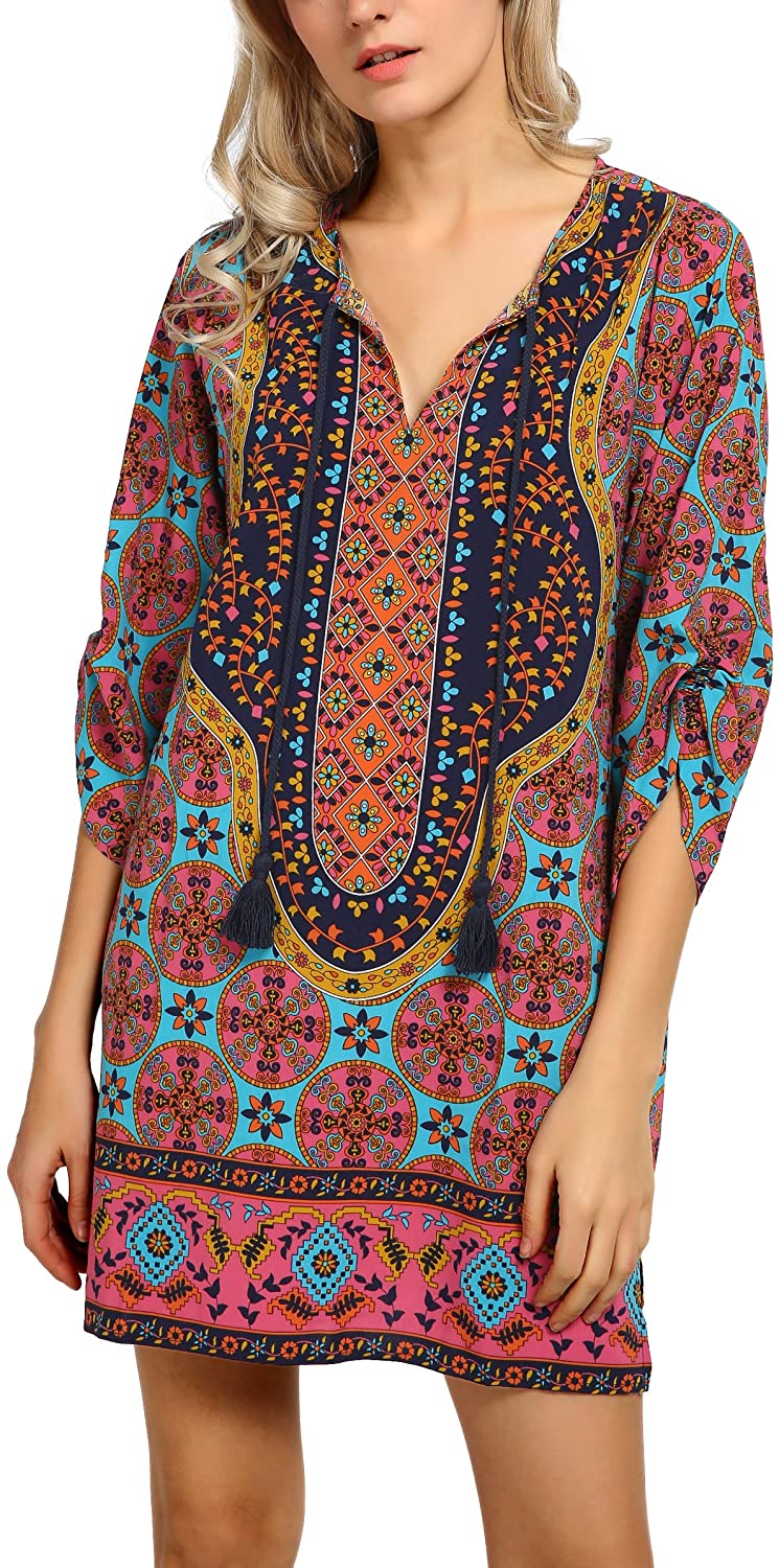 Women Bohemian Neck Tie Vintage Printed Ethnic Style Summer Shift Dress