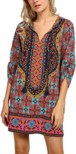 
                        
                          Load image into Gallery viewer, Women Bohemian Neck Tie Vintage Printed Ethnic Style Summer Shift Dress
                        
                      