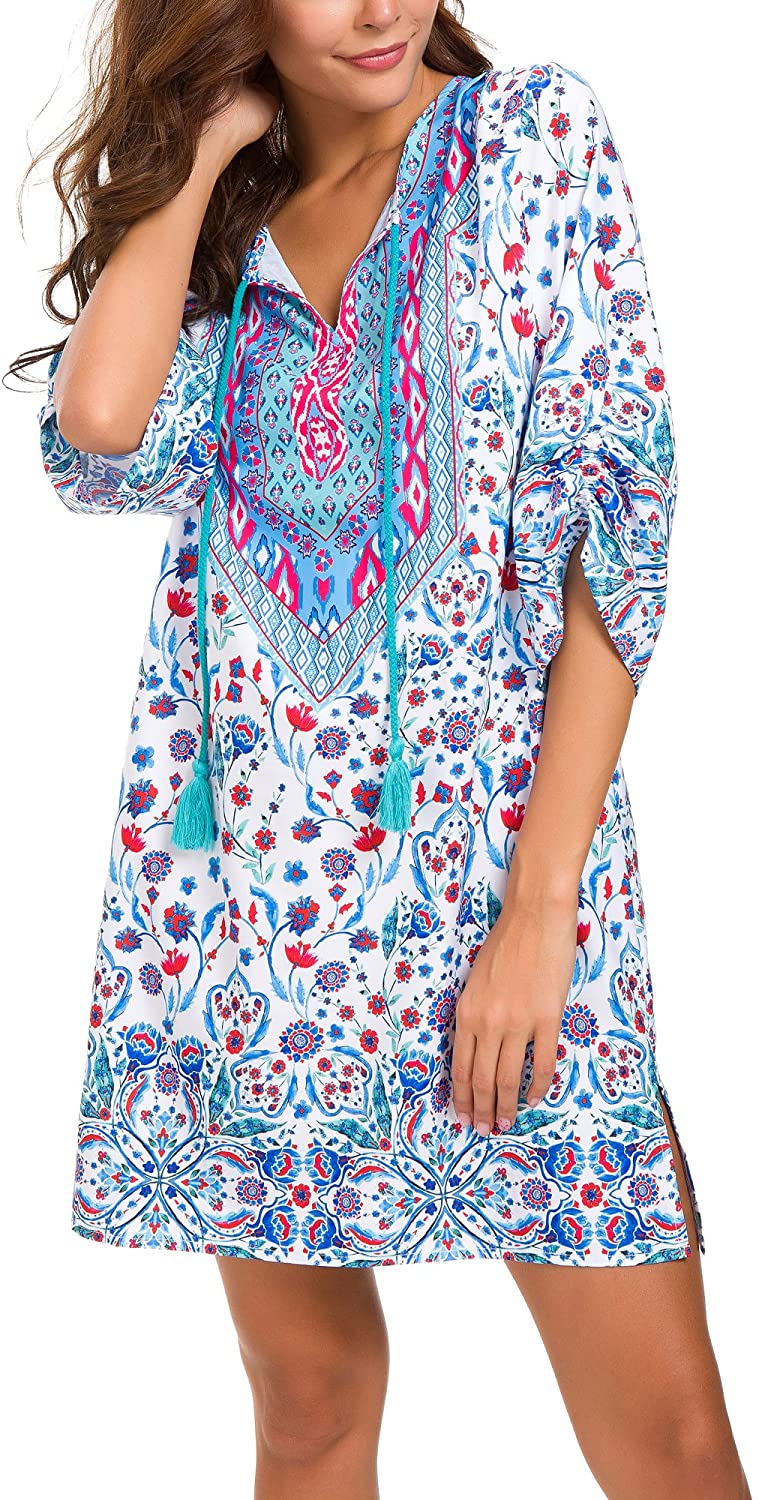 Women Bohemian Neck Tie Vintage Printed Ethnic Style Summer Shift Dress