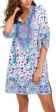 
                        
                          Load image into Gallery viewer, Women Bohemian Neck Tie Vintage Printed Ethnic Style Summer Shift Dress
                        
                      
