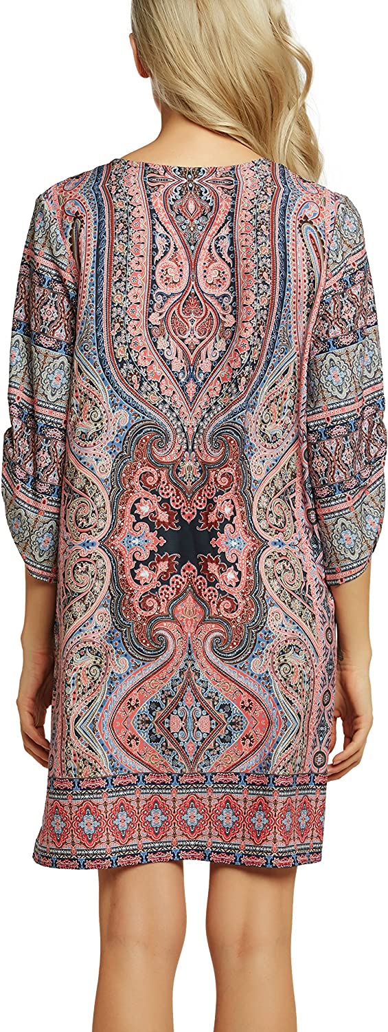 Women Bohemian Neck Tie Vintage Printed Ethnic Style Summer Shift Dress