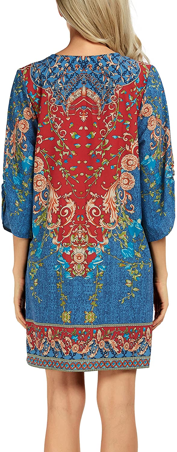 Women Bohemian Neck Tie Vintage Printed Ethnic Style Summer Shift Dress