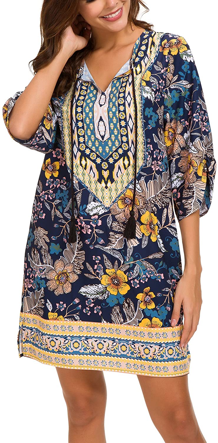Women Bohemian Neck Tie Vintage Printed Ethnic Style Summer Shift Dress
