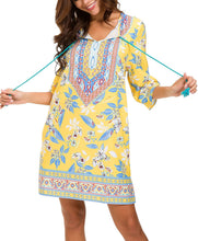 
                        
                          Load image into Gallery viewer, Women Bohemian Neck Tie Vintage Printed Ethnic Style Summer Shift Dress
                        
                      