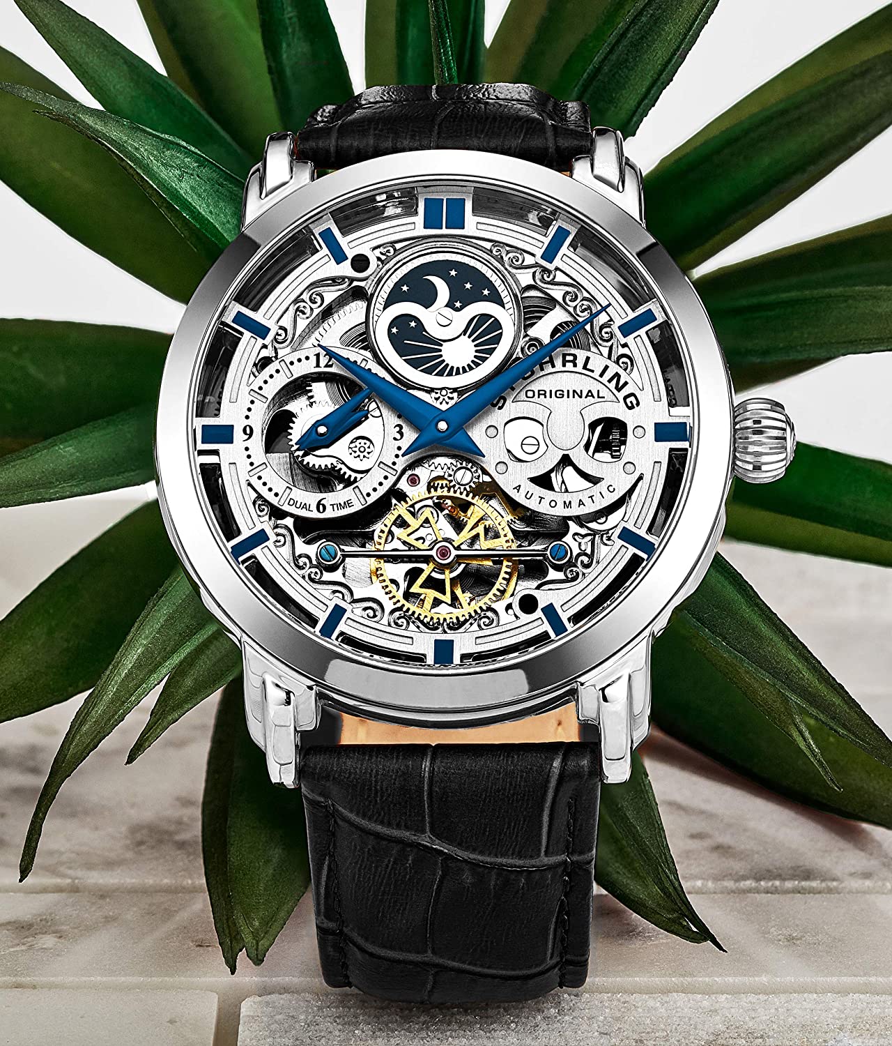 Stührling Original Mens Watch Stainless Steel Automatic, Skeleton Dial, Dual Time, AM/PM Sun Moon,Genuine Leather Strap 371 Watches for Men Series