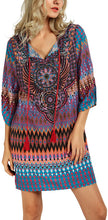 
                        
                          Load image into Gallery viewer, Women Bohemian Neck Tie Vintage Printed Ethnic Style Summer Shift Dress
                        
                      
