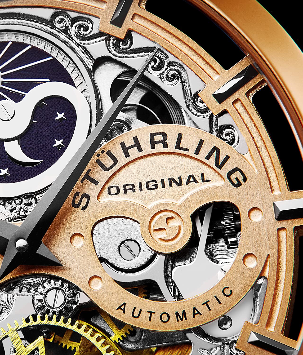 Stührling Original Mens Watch Stainless Steel Automatic, Skeleton Dial, Dual Time, AM/PM Sun Moon,Genuine Leather Strap 371 Watches for Men Series