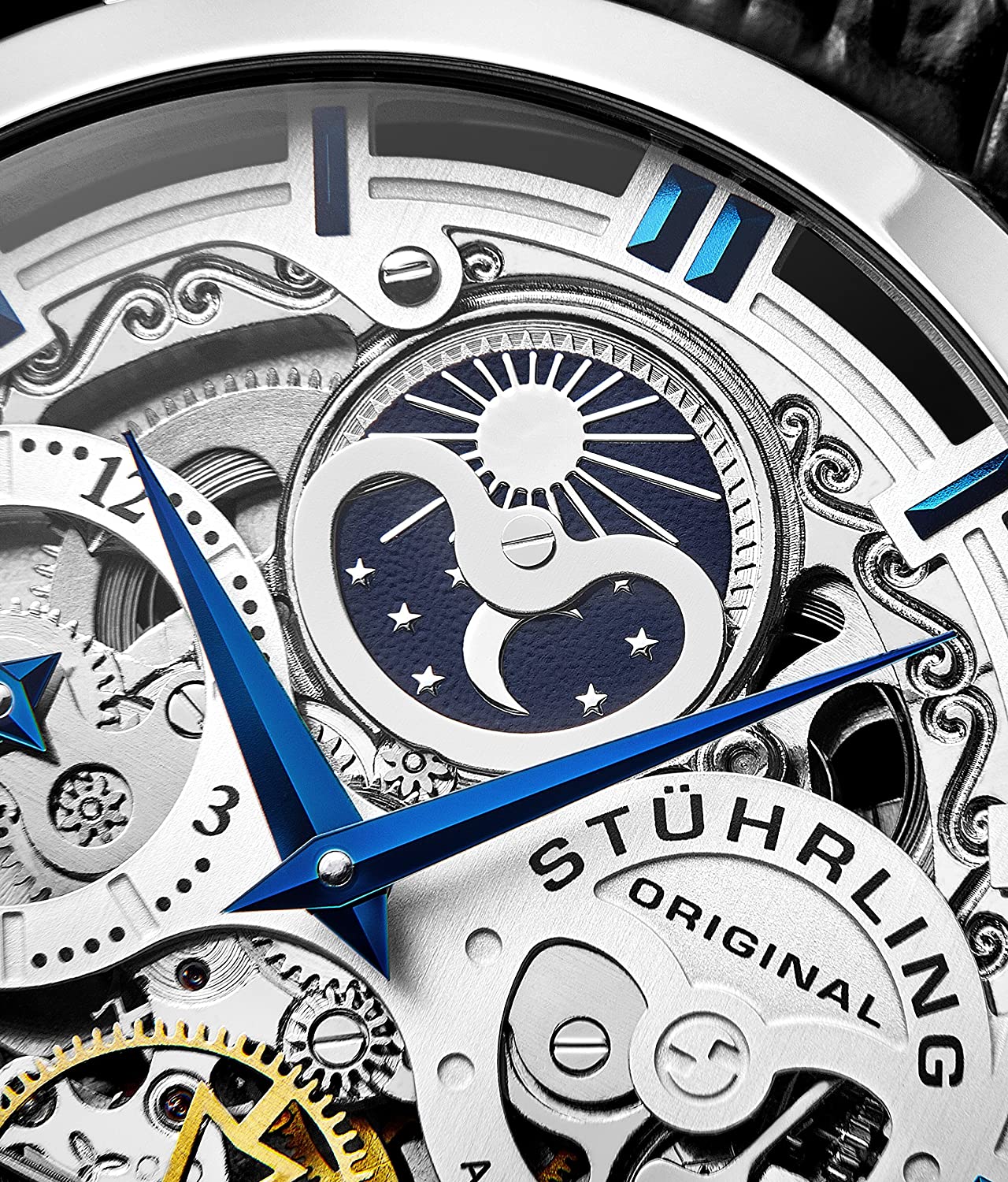 Stührling Original Mens Watch Stainless Steel Automatic, Skeleton Dial, Dual Time, AM/PM Sun Moon,Genuine Leather Strap 371 Watches for Men Series