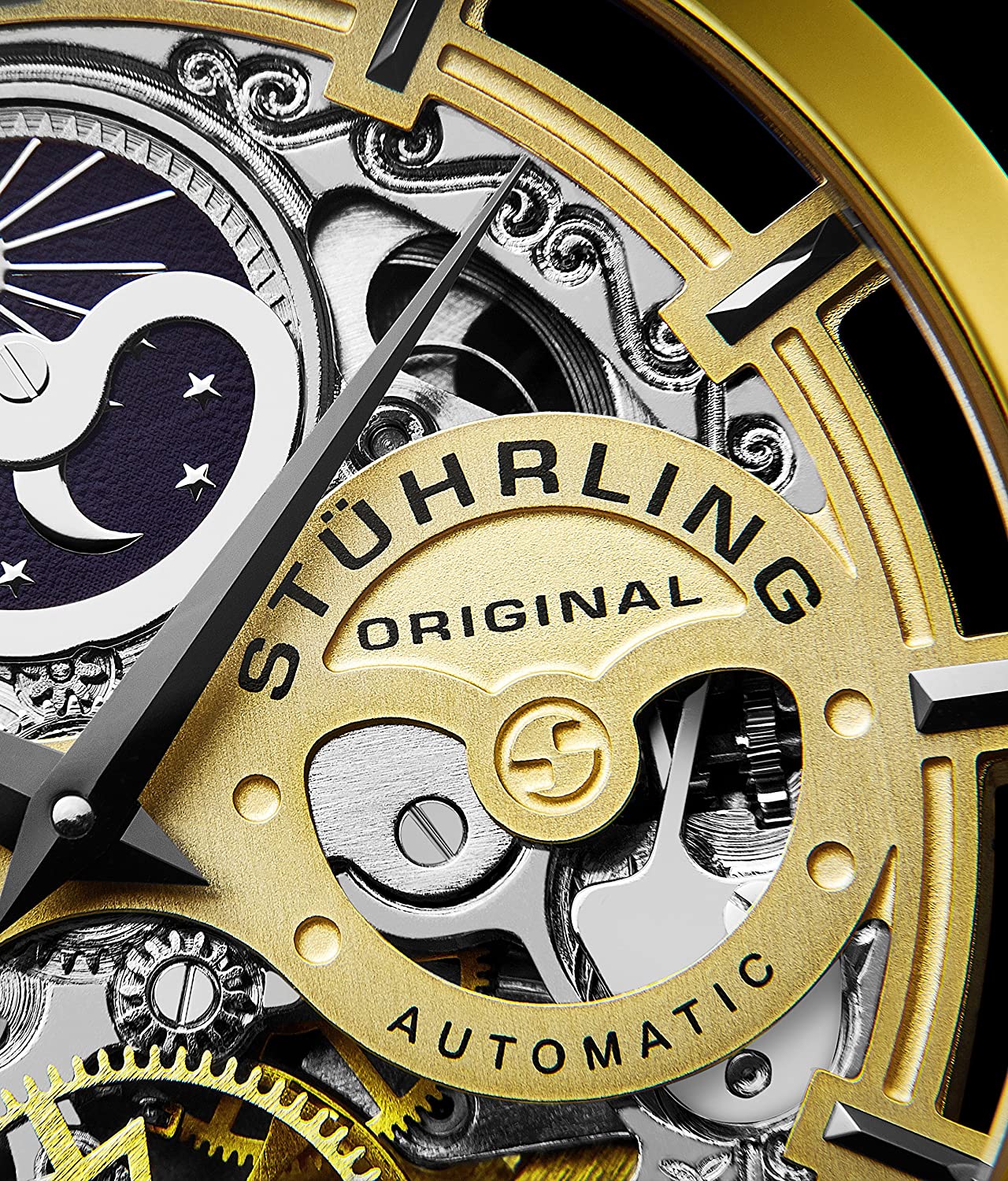 Stührling Original Mens Watch Stainless Steel Automatic, Skeleton Dial, Dual Time, AM/PM Sun Moon,Genuine Leather Strap 371 Watches for Men Series