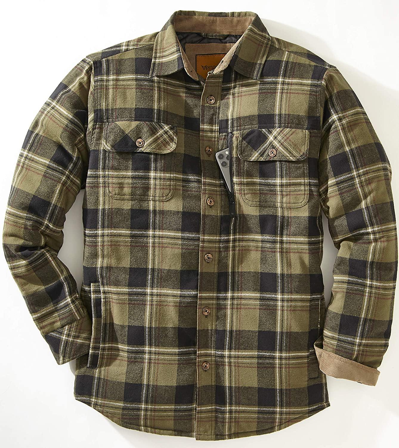 Venado Men's Plaid Shirt Jacket -Long Sleeved Quilt Lined Brushed Flannel Rugged Shirt