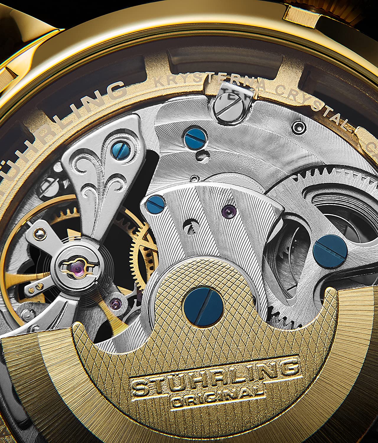 Stührling Original Mens Watch Stainless Steel Automatic, Skeleton Dial, Dual Time, AM/PM Sun Moon,Genuine Leather Strap 371 Watches for Men Series