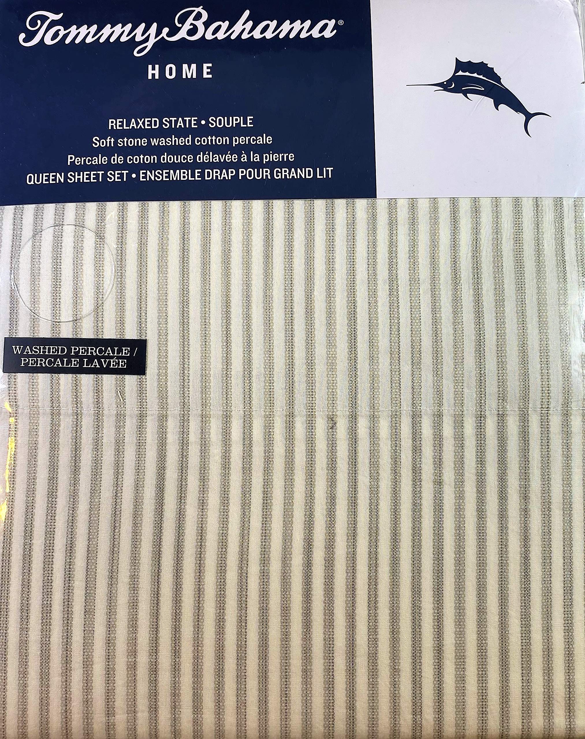 Tommy Bahama Paloma Stripe Light Gray/White Stone Washed Cotton Percale Sheet Set Queen