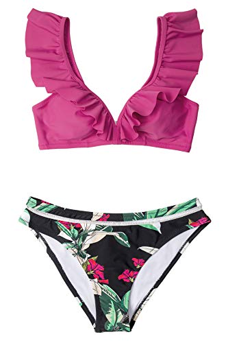 CUPSHE Women's Orange Floral Bottom Ruffle Hook Closure Bikini Set
