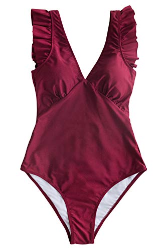 CUPSHE Women's One Piece Swimsuit V Neck Ruched Ruffle Shoulder Swimwear Bathing Suits