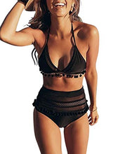 
                        
                          Cargar imagen en el visor de la galería, Bdcoco Women's High Waist Two Pieces Bikini Set Padded Stripe Tassel Swimsuit
                        
                      