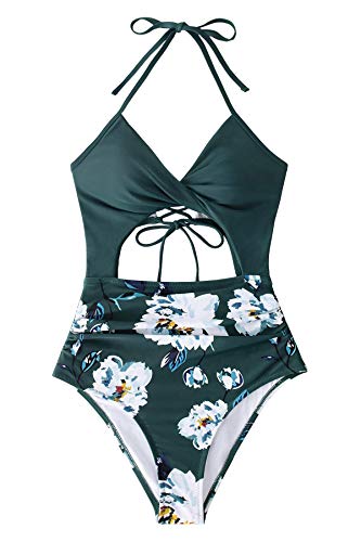 CUPSHE Women's Black Floral Print Halter Cutout High Waist One Piece Swimsuit