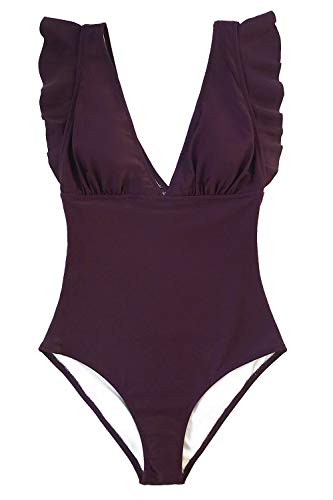 CUPSHE Women's One Piece Swimsuit V Neck Ruched Ruffle Shoulder Swimwear Bathing Suits