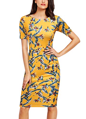 FORTRIC Women Printing Church Business Office Work Elegant Bodycon Pencil Dress