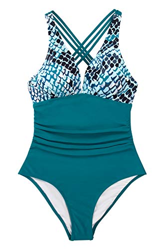 CUPSHE Women's One Piece Swimsuit V Neck Tummy Control Cross Back Vintage Swimwear Bathing Suits