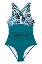 
                        
                          Load image into Gallery viewer, CUPSHE Women's One Piece Swimsuit V Neck Tummy Control Cross Back Vintage Swimwear Bathing Suits
                        
                      