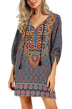 
                        
                          Load image into Gallery viewer, Women Bohemian Neck Tie Vintage Printed Ethnic Style Summer Shift Dress
                        
                      