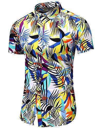 LEFTGU Men's Slim fit Floral Printed Beach Hawaiian Button-Down Dress Shirt