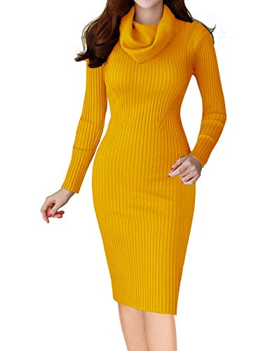 v28 Women Cowl Neck Knit Stretchable Elasticity Long Sleeve Slim Fit Sweater Dress