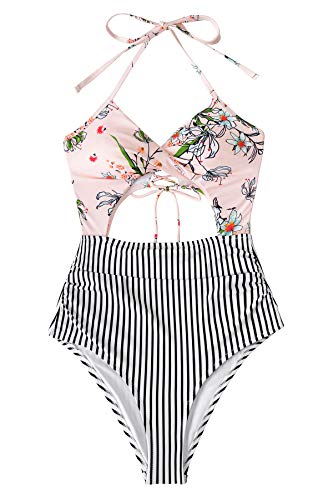 CUPSHE Women's Black Floral Print Halter Cutout High Waist One Piece Swimsuit