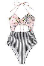 
                        
                          Load image into Gallery viewer, CUPSHE Women's Black Floral Print Halter Cutout High Waist One Piece Swimsuit
                        
                      