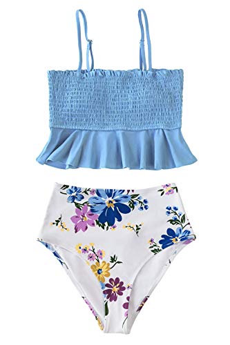 CUPSHE Women's High Waist Bikini Swimsuit Ruffle Smock Floral Print Two Piece Bathing Suit