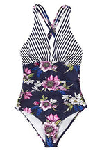 
                        
                          Load image into Gallery viewer, CUPSHE Women's One Piece Swimsuit V Neck Tummy Control Cross Back Vintage Swimwear Bathing Suits
                        
                      