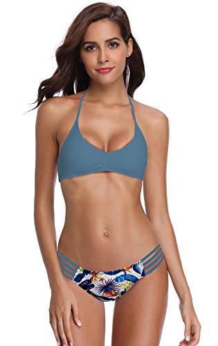 SHEKINI Women's Floral Printing Cutout Strappy Halter Swimsuits Bikini Suits
