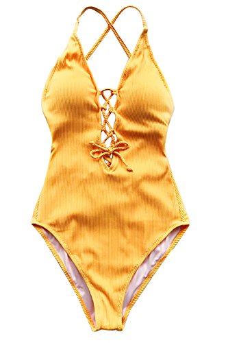 CUPSHE Women's Solid Color V Neck Lace Up One Piece Swimsuit