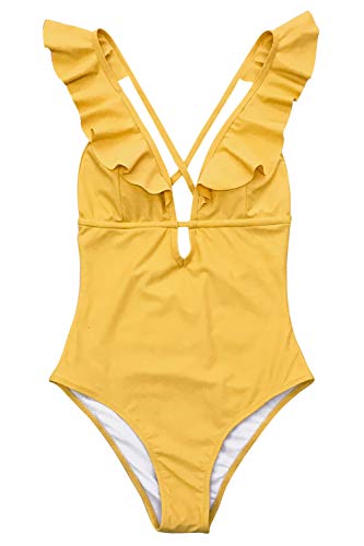 CUPSHE Women's One Piece Swimsuit Ruffle Deep V Neck Strappy Swimwear Bathing Suits