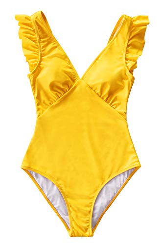 CUPSHE Women's One Piece Swimsuit V Neck Ruched Ruffle Shoulder Swimwear Bathing Suits