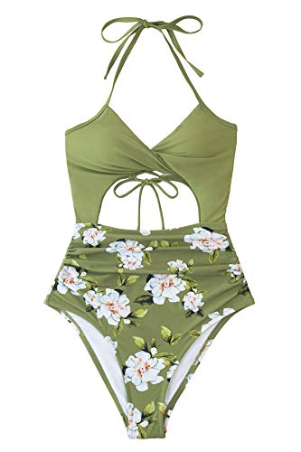 CUPSHE Women's Black Floral Print Halter Cutout High Waist One Piece Swimsuit
