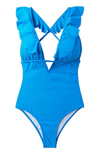 CUPSHE Women's One Piece Swimsuit Ruffle Deep V Neck Strappy Swimwear Bathing Suits