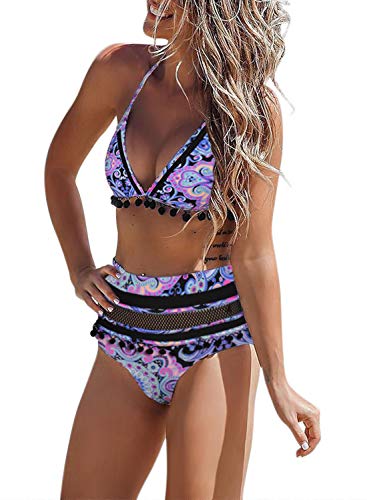 Bdcoco Women's High Waist Two Pieces Bikini Set Padded Stripe Tassel Swimsuit