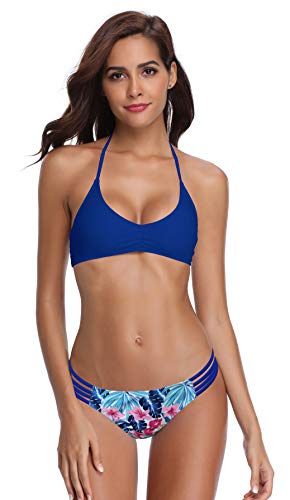 SHEKINI Women's Floral Printing Cutout Strappy Halter Swimsuits Bikini Suits