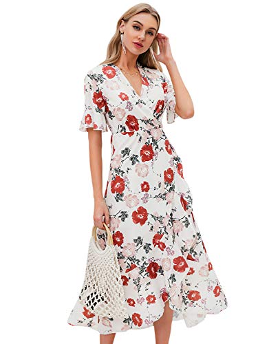 Miessial Women's Summer Chiffon V Neck Ruffle Maxi Dress Polka Dot Long Beach Wrap Dress