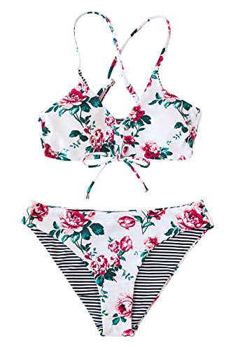 CUPSHE Women's Reversible Lace Up Bikini Sets Floral and Striped